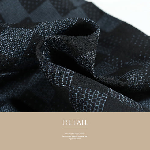 紬 リサイクル 身丈166cm 裄64.8cm 単衣 塩沢絣 市松柄 ネイビー LLサイズ お洒落 カジュアル 証紙 正絹 広衿 Sランク