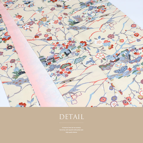 小紋 リサイクル 身丈156.5cm 裄62.6cm 袷 風景や四季花柄 ベージュ Mサイズ お洒落 ポリエステル 洗える着物 広衿 Sランク