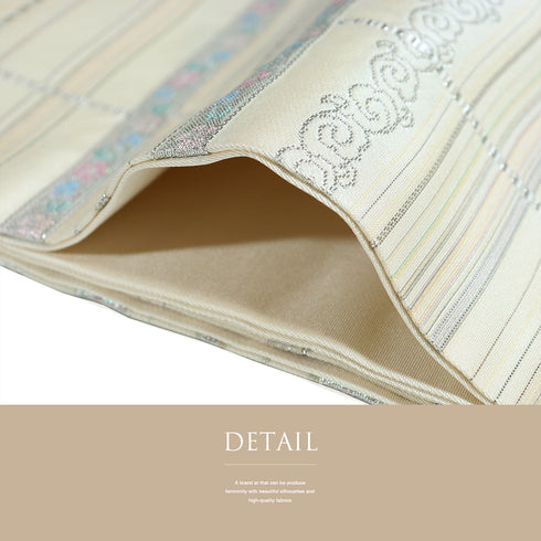 名古屋帯 リサイクル 帯丈340cm 六通 格子に花唐草模様 織り出し名古屋帯 ベージュ Sサイズ 正絹 Aランク お洒落