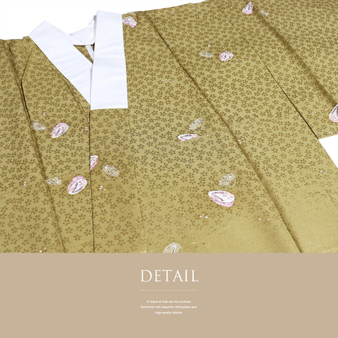 長襦袢 リサイクル 身丈128.8cm 裄66cm 袷 ぽっくりや桜柄 地紋 後身頃居敷当て付き イエロー Mサイズ お洒落 正絹 Sランク