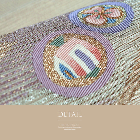 名古屋帯 リサイクル 帯丈382cm ポイント柄 夏用 丸に宝づくし柄 ベージュ Lサイズ 正絹 Aランク カジュアル お洒落