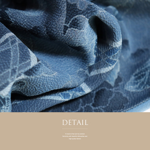 小紋 リサイクル 身丈162.2cm 裄65.6cm 袷 牡丹や菊柄 ブルー Lサイズ お洒落 カジュアル 正絹 広衿 Sランク