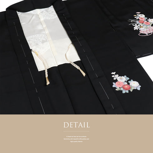 黒羽織 リサイクル 身丈78.3cm 裄64cm 袷 花籠柄 箔 ブラック Sサイズ フォーマル セミフォーマル 一つ紋 しつけ糸 正絹 Sランク