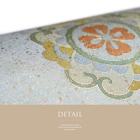 袋帯 リサイクル 帯丈460cm 全通 手織り牛首紬 華紋 染め 無形文化財 グリーン LLサイズ 正絹 新品・未使用品 お洒落