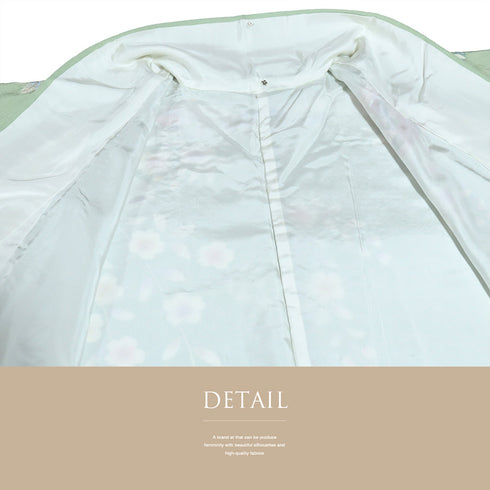 訪問着 リサイクル 身丈164.2cm 裄66.4cm 袷 霞に菊やたちばな柄 金駒刺繍 後絞り加工 箔 グリーン Lサイズ セミフォーマル お洒落 正絹 広衿 Sランク