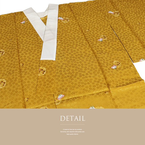 長襦袢 リサイクル 長襦袢 身丈116.5cm 裄62.8cm 袷 桜の地紋 雪輪にうさぎ柄 後身頃居敷当て付き イエロー Sサイズ お洒落 しつけ糸 正絹 袖無双 未使用品