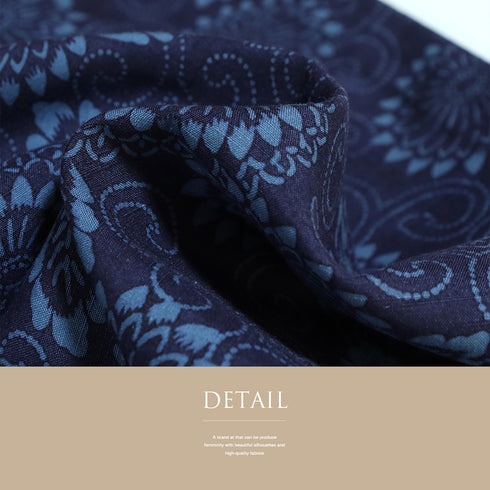 紬 リサイクル 身丈159.3cm 裄63.2cm 単衣 菊唐草模様 ネイビー Mサイズ カジュアル お洒落 正絹 広衿 Sランク