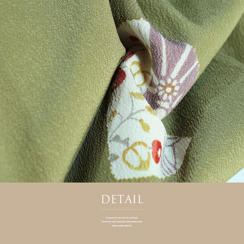 小紋 リサイクル 身丈161.5cm 裄67.6cm 袷 変わり丸柄 ゆったりサイズ グリーン Lサイズ お洒落 カジュアル ポリエステル 洗える着物 広衿 Aランク