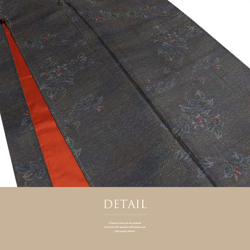 紬 リサイクル 身丈163.2cm 裄64.6cm 袷 花枝柄 ブラック Lサイズ お洒落 しつけ糸 正絹 広衿 Sランク