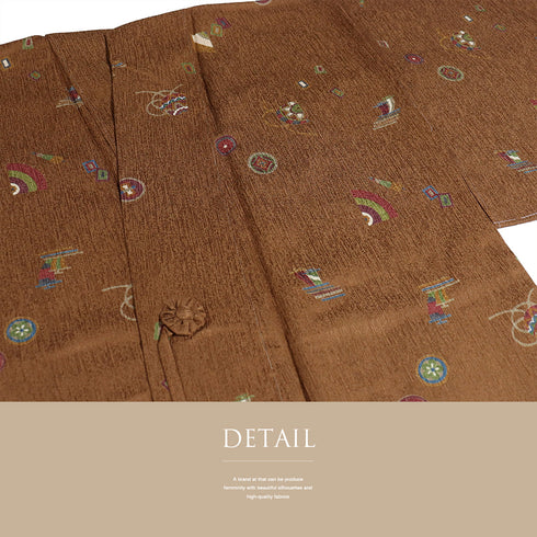 道中着 リサイクル 身丈104.5cm 裄67.2cm 袷 ロング丈 手毬や和傘柄 ブラウン Lサイズ お洒落 しつけ糸 正絹 未使用品