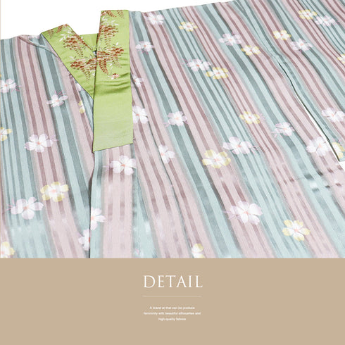 長襦袢 リサイクル 洗える長襦袢 身丈126cm 裄67.6cm 袷 縞に小花柄 地紋 刺繍半衿付き 多色 Lサイズ お洒落 ポリエステル 洗える着物 袖無双 Sランク