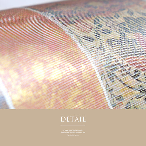 名古屋帯 リサイクル 帯丈352cm ポイント柄 縦縞に松や蝶柄 伝統工芸士 ベージュ Sサイズ 正絹 新品・未使用品 お洒落