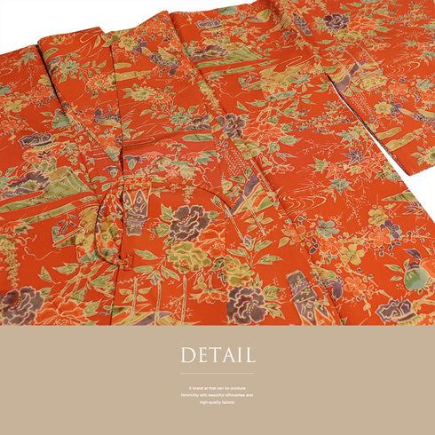 道中着 リサイクル 身丈131.2cm 裄64.8cm 袷 ロング丈 花や鳥柄 オレンジ Mサイズ お洒落 正絹 Sランク