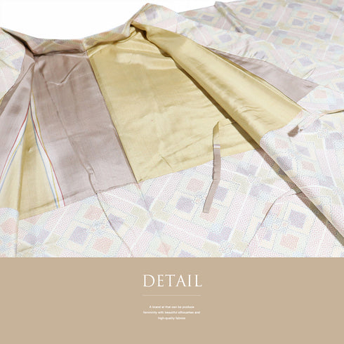 道中着 リサイクル 身丈98.8cm 裄68.6cm 袷 紬 デザイン斜め格子柄 ベージュ LLサイズ カジュアル お洒落 正絹 Aランク