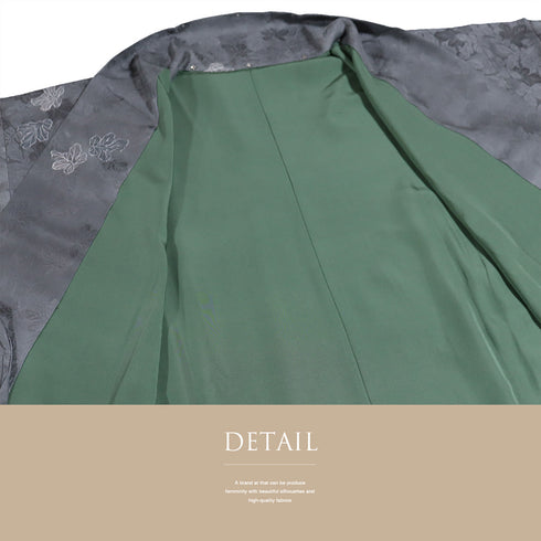 道中着 リサイクル 身丈93.8cm 裄68.8cm 袷 地紋 彩色 葉模様 グレー LLサイズ お洒落 カジュアル 正絹 Sランク