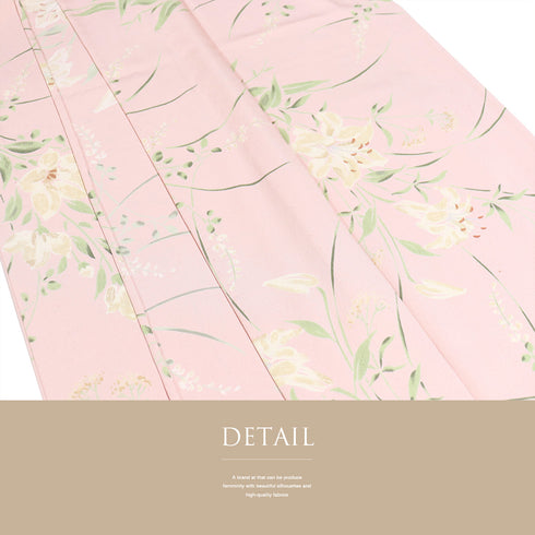 小紋 リサイクル 身丈168cm 裄65.5cm 単衣 百合柄 ピンク LLサイズ カジュアル ポリエステル 洗える着物 広衿 Aランク