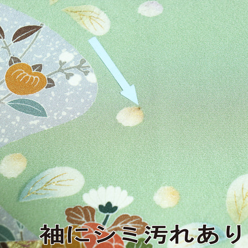 訪問着 リサイクル 身丈164.2cm 裄66.4cm 袷 霞に菊やたちばな柄 金駒刺繍 後絞り加工 箔 グリーン Lサイズ セミフォーマル お洒落 正絹 広衿 Sランク