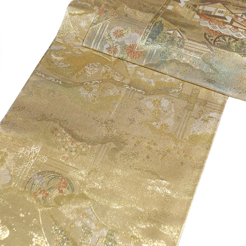 袋帯 リサイクル 帯丈444cm 全通 京雅宮中絵巻 本金箔全通丸帯 はぎれに落款 ゴールド Mサイズ 正絹 Sランク フォーマル