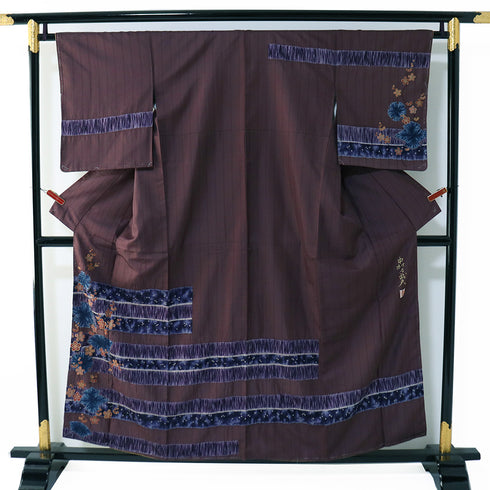 付下げ リサイクル 身丈155.6cm 裄65.2cm 袷 部分絞り 地紋 絞り彩色 パープル Mサイズ お洒落 しつけ糸 不明 広衿 Sランク