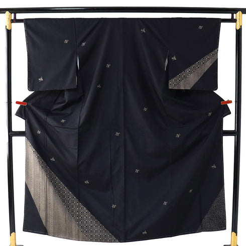 付下げ リサイクル 身丈151.3cm 裄62.6cm 袷 紬 小紋寄せ柄 染め ブラック Sサイズ お洒落 正絹 広衿 Sランク