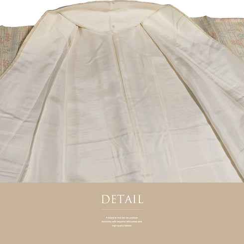 紬 リサイクル 身丈159.3cm 裄65cm 袷 縞模様 竹柄 小花柄 ベージュ Mサイズ お洒落 正絹 広衿 Aランク