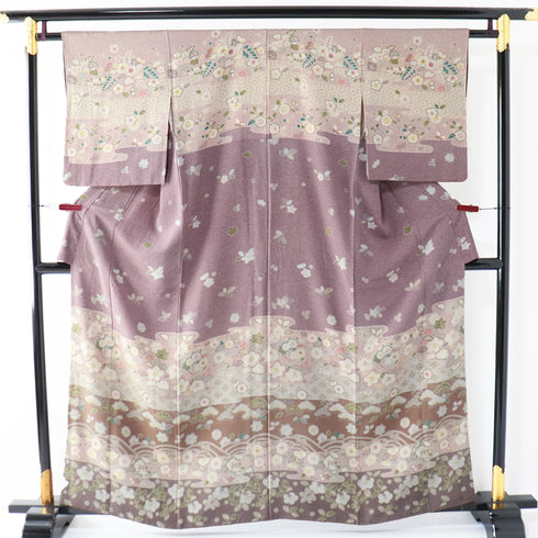 訪問着 リサイクル 身丈159cm 裄62.4cm 袷 辻が花風柄 パープル Mサイズ セミフォーマル お洒落 正絹 広衿 Bランク