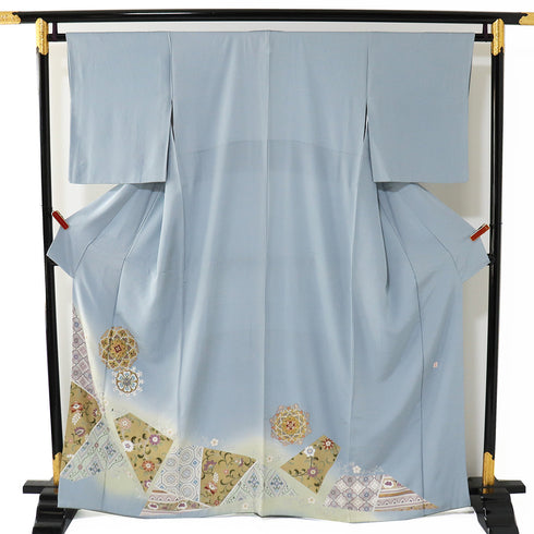 色留袖 リサイクル 身丈163cm 裄64.4cm 袷 華紋柄 箔 比翼無し ブルー Lサイズ 落款 一つ紋 正絹 広衿 Sランク