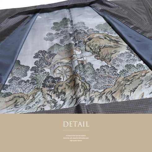 アンサンブル 男物 リサイクル 身丈146.5cm 裄70.6cm 羽織丈97cm 袷 大島 グレー Mサイズ お洒落 カジュアル 証紙 正絹 棒衿 Sランク