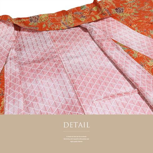 道中着 リサイクル 身丈131.2cm 裄64.8cm 袷 ロング丈 花や鳥柄 オレンジ Mサイズ お洒落 正絹 Sランク