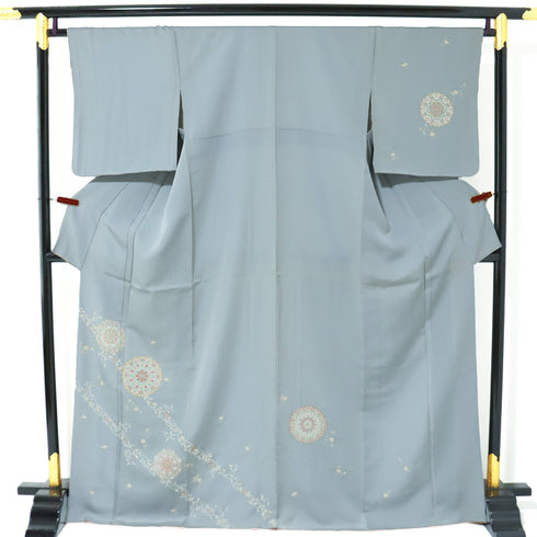 付下げ リサイクル 身丈170cm 裄66.8cm 袷 華紋柄 刺繍 箔 ブルー LLサイズ お洒落 正絹 広衿 Sランク