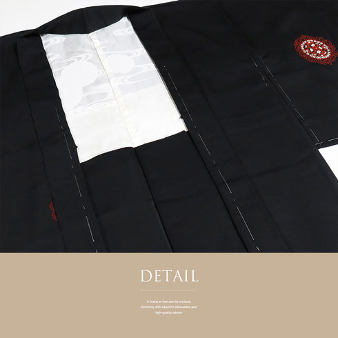 黒羽織 リサイクル 身丈79cm 裄65cm 袷 黒絵羽 相良刺繍 ブラック Mサイズ フォーマル 一つ紋 しつけ糸 正絹 Sランク