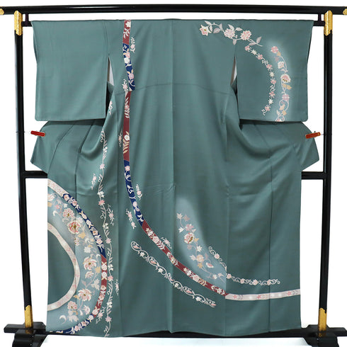 訪問着 リサイクル 身丈155cm 裄65.2cm 袷 花唐草柄 金駒刺繍 箔 グリーン Sサイズ セミフォーマル お洒落 正絹 広衿 Bランク