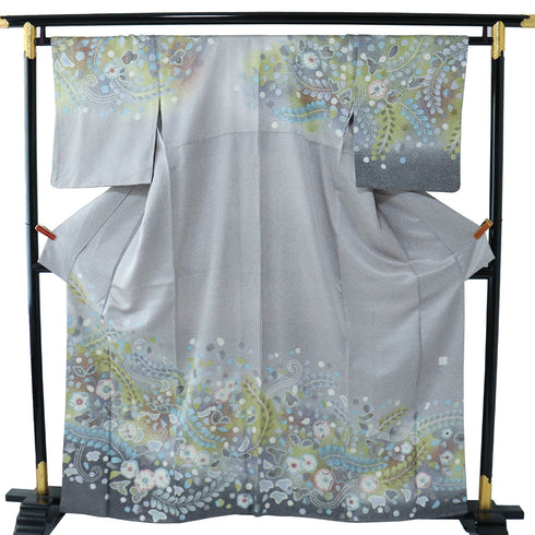 訪問着 身丈158.5cm 裄66.8cm 袷 辻ヶ花模様 グレー Mサイズ フォーマル お洒落 正絹 広衿 Sランク