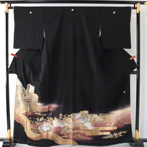 リサイクル 身丈160.5cm 裄65cm 袷 御所車柄 地紙柄 霞柄 金駒刺繍 桂由美 ブラック Lサイズ フォーマル 五つ紋 しつけ糸 正絹 広衿 Sランク