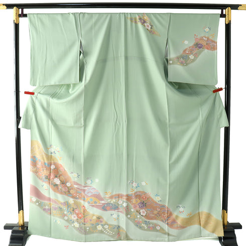 訪問着 リサイクル 身丈167cm 裄67.6cm 袷 花柄 箔 金駒刺繍 グリーン LLサイズ セミフォーマル 正絹 広衿 Aランク