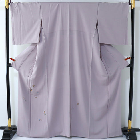 付下げ リサイクル 身丈163.5cm 裄69.6cm 袷 茶道具に花籠柄 刺繍 パープル Lサイズ お洒落 正絹 広衿 Sランク