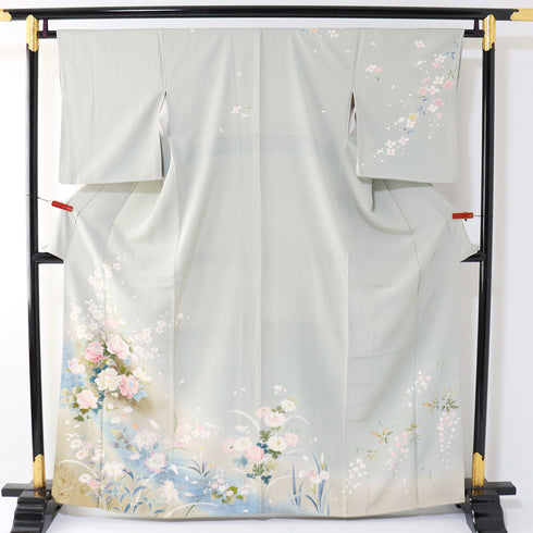 訪問着 リサイクル 身丈162.5cm 裄64.4cm 袷 花各種柄 箔 グリーン Lサイズ セミフォーマル お洒落 正絹 広衿 Aランク