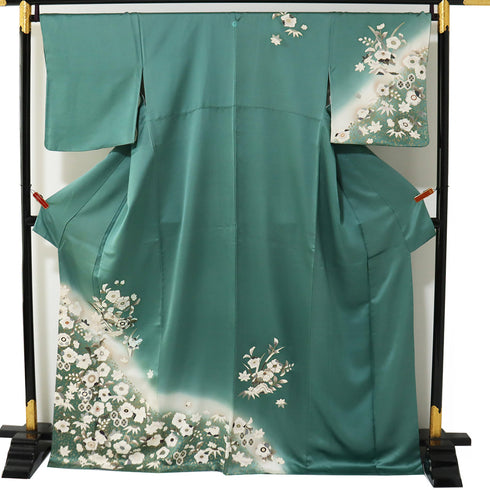 訪問着 リサイクル 身丈168cm 裄68cm 袷 辻ヶ花風柄 金駒刺繍 箔 ぼかし グリーン LLサイズ セミフォーマル お洒落 一つ紋 正絹 広衿 Sランク