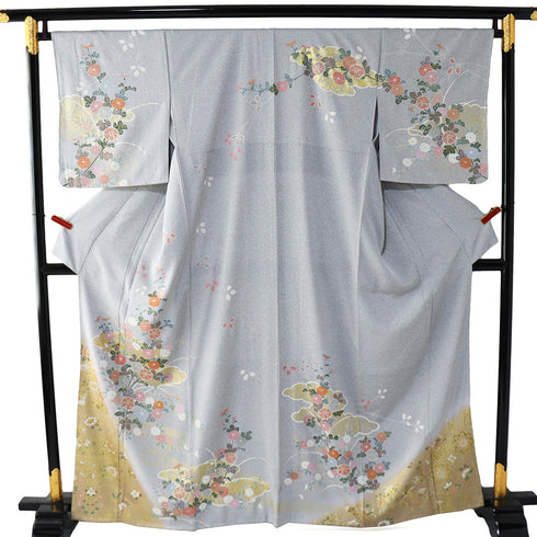 訪問着 リサイクル 身丈161.3cm 裄67.2cm 袷 菊柄 たたき柄 箔加工 グレー Lサイズ セミフォーマル お洒落 正絹 広衿 Sランク