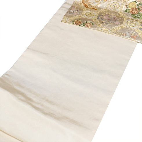 袋帯 リサイクル 帯丈436cm 六通 蜀江に花柄 ゴールド Mサイズ 正絹 Sランク フォーマル セミフォーマル