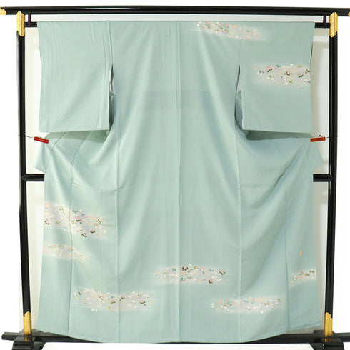訪問着 リサイクル 身丈157.3cm 裄64cm 袷 小花散らし模様 グリーン Mサイズ セミフォーマル お洒落 正絹 広衿 Aランク