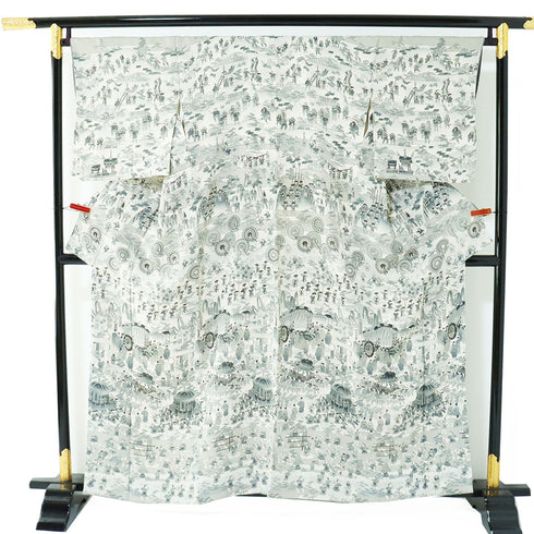 付下げ リサイクル 身丈158.2cm 裄67.6cm 袷 祭礼柄 グレー Mサイズ お洒落 正絹 広衿 Sランク