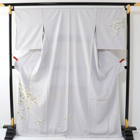 訪問着 リサイクル 身丈167cm 裄68.4cm 袷 桜柄 グレー LLサイズ セミフォーマル お洒落 一つ紋 正絹 広衿 Sランク