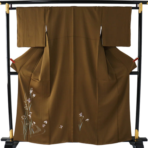 付下げ リサイクル 身丈158.4cm 裄64.4cm 袷 サギ草柄 ブラウン Mサイズ セミフォーマル しつけ糸 正絹 広衿 Sランク