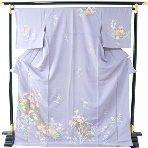 訪問着 リサイクル 身丈175.5cm 裄68.2cm 袷 花柄 箔 パープル LLサイズ セミフォーマル 正絹 広衿 Aランク