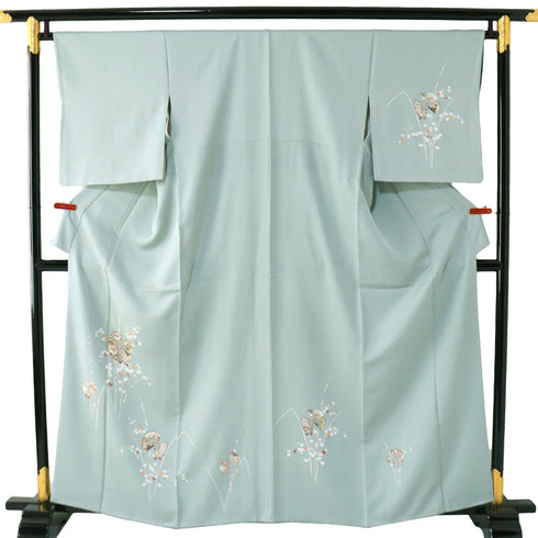 付下げ リサイクル 身丈160cm 裄66.8cm 袷 丸に扇子柄 金駒刺繍 グリーン Mサイズ セミフォーマル お洒落 正絹 広衿 Sランク