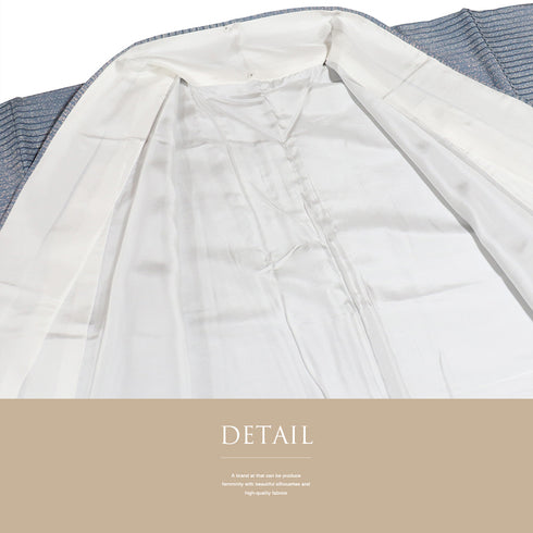 小紋 リサイクル 身丈155.5cm 裄64.6cm 袷 横縞ボカシ たたき ブルー Mサイズ お洒落 正絹 広衿 Sランク