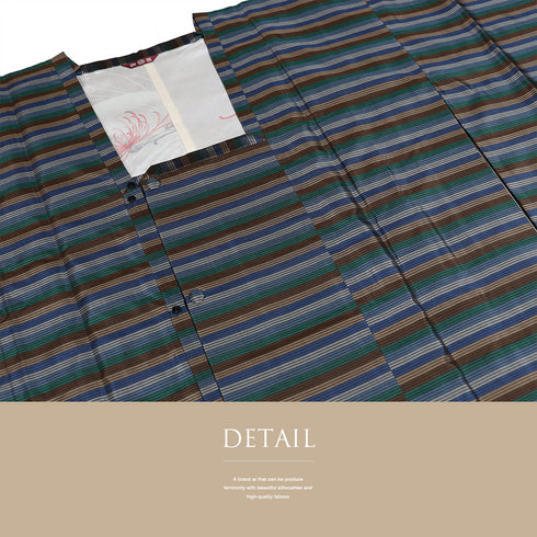 大島紬 リサイクル アンサンブル 2点セット 袷 証紙 Lサイズ Aランク ボーダー柄 カジュアル 道行コート丈89.5cm 身丈161.5cm 裄64.8cm 正絹 着物 AN-56