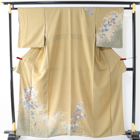 付下げ リサイクル 身丈158.6cm 裄61.6cm 袷 花柄 相良刺繍 パールトーン加工 ブラウン Mサイズ セミフォーマル お洒落 正絹 広衿 Sランク