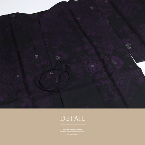 道中着 リサイクル 身丈120cm 裄67.2cm 単衣 ペイズリー柄 地紋 箔 ロング丈 ブラック Lサイズ お洒落 正絹 Sランク